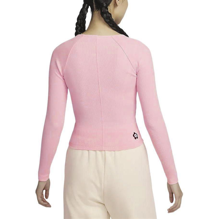 Nike Valentinstag Serie Sportbekleidung Logo V-Ausschnitt Training Freizeit Langarm T-Shirt SS24 Damen Oberteile Soft-Pink HF1133-631