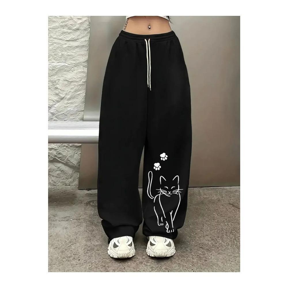 Women's Girls fashion casual trousers autumn and winter loose straight leg pants with a kitten design
