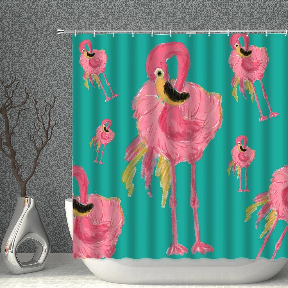 Flamingo Shower Curtains Green Leaf Pink Heart-Shaped Waterproof Polyester Cloth Curtain Set With Hooks Nordic Bath Room Decor