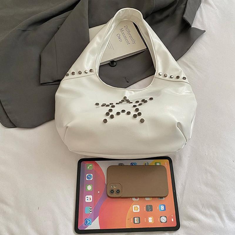 Retro Star Rivet Tote Bag Solid Pu Leather Shoulder Bag Large Capacity Female Casual Shopping Underarm Pack Lady Handbag
