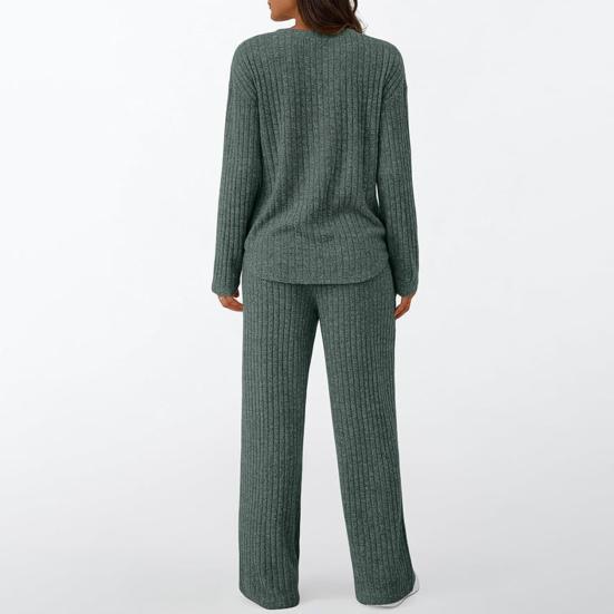 Women's 2 Piece Lounge Outfits Casual Long Sleeve Top Wide Leg Pants Pajamas Set Ribbed Sweater Sleepwear