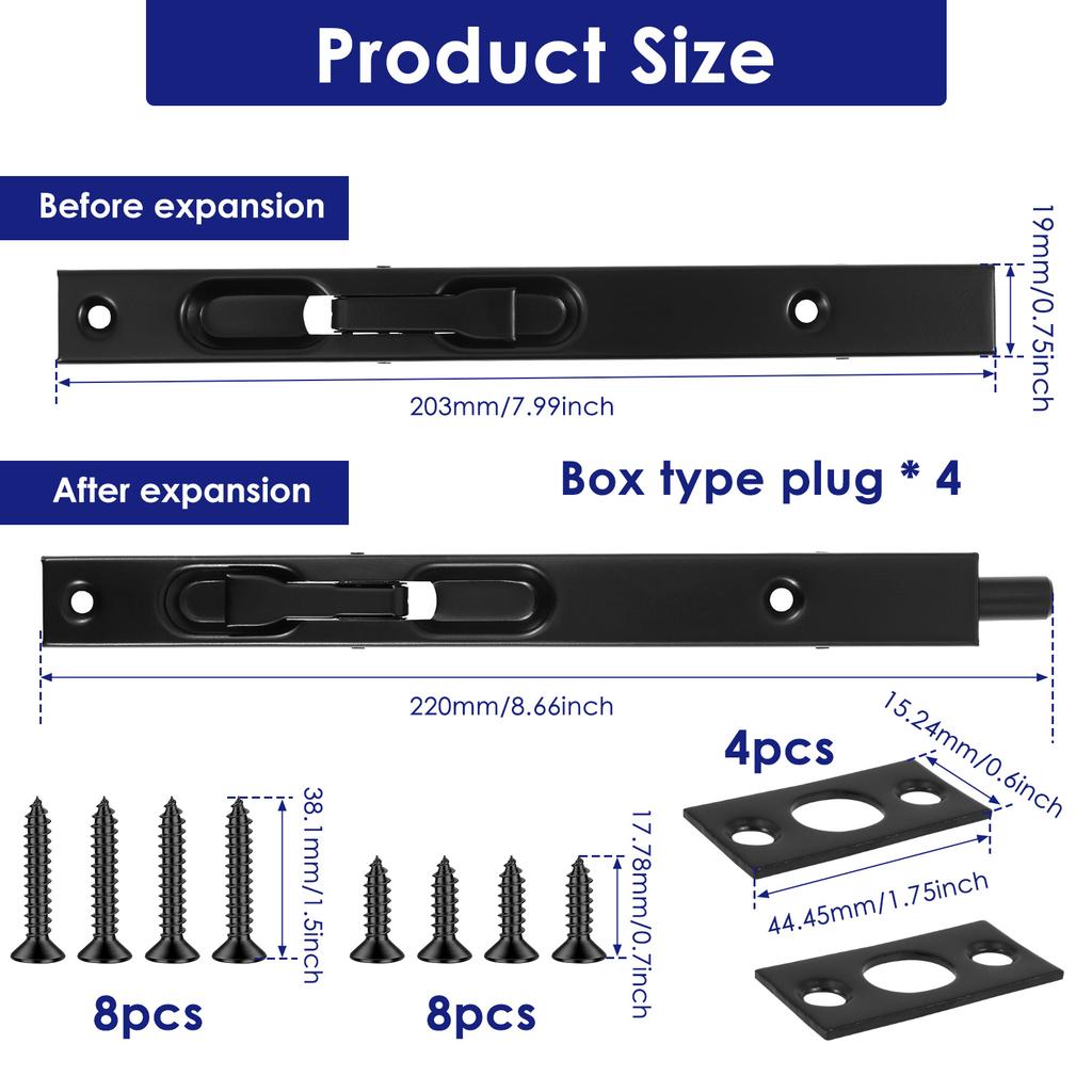 4 Pcs Flush Bolt for Double Door 8 Inch Heavy Duty Chrome Plating Flush Latch Bolts Concealed Security Lock with Screws for Home