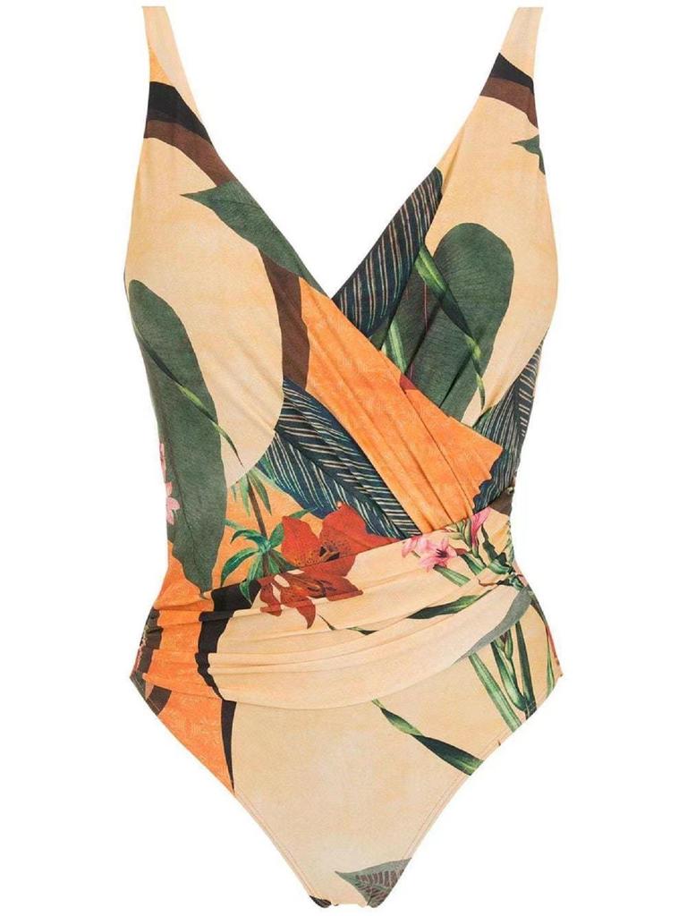 European & American Swimwear: Printed Long Dress & V-Neck Swimsuit Two-Piece Set for Women