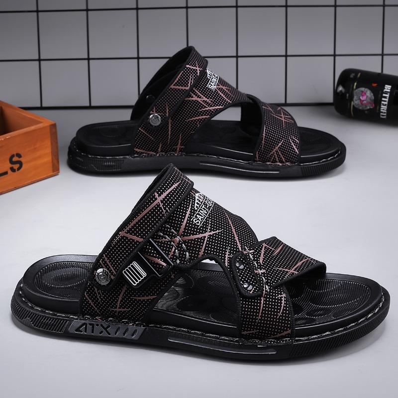 Fashion Men's Black Flip Flops Summer Leather British Wind and Sandals Slippers Feet Non-slip Thick Bottom Flat Heel Beach Shoe Slippers