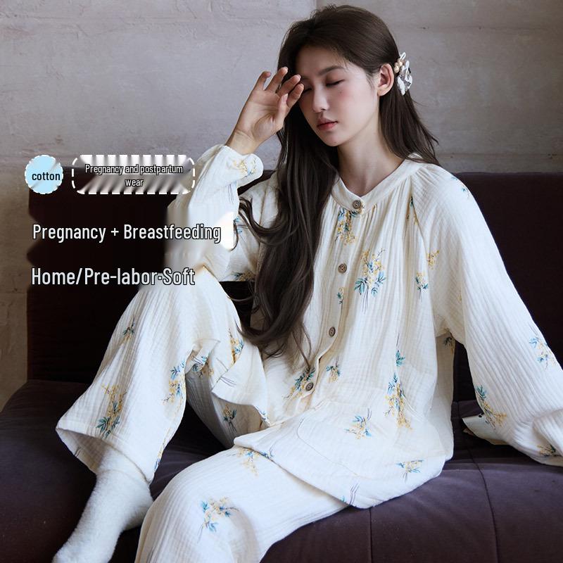 Silné bavlněné těhotenské pyžamo na jaro, podzim a zimu - Čtyřvrstvá gáza pro pohodlí v těhotenství, po porodu a při kojení