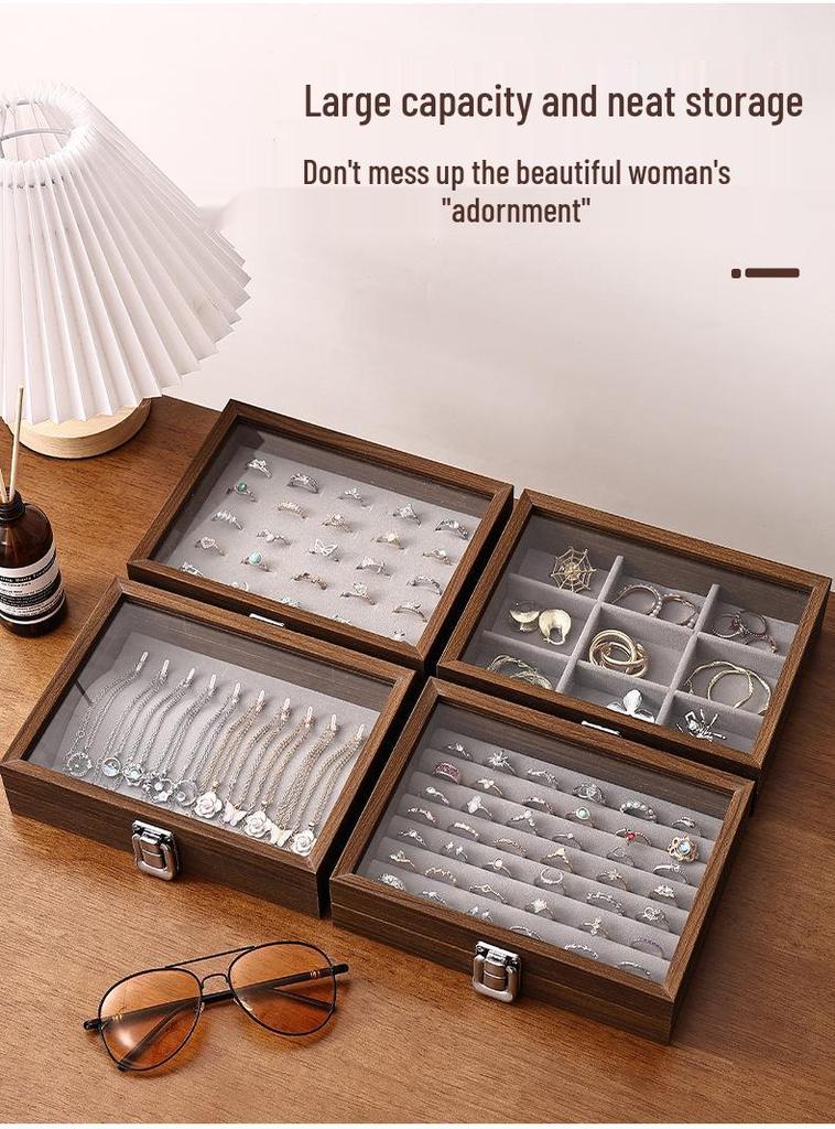 Compact Walnut Jewelry Box for Earrings, Rings, Necklaces, and Bracelets - with Lid and Display Case