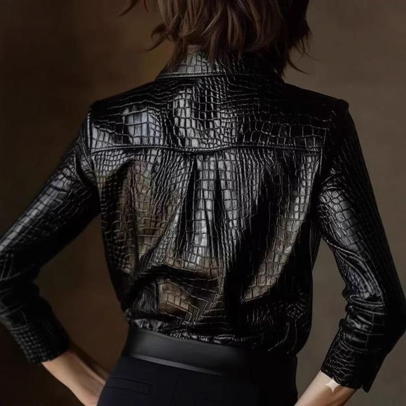 1116 New Women's Fashion Long Sleeve Shirt Glossy Snake Pattern PU Leather Top Autumn and Winter New