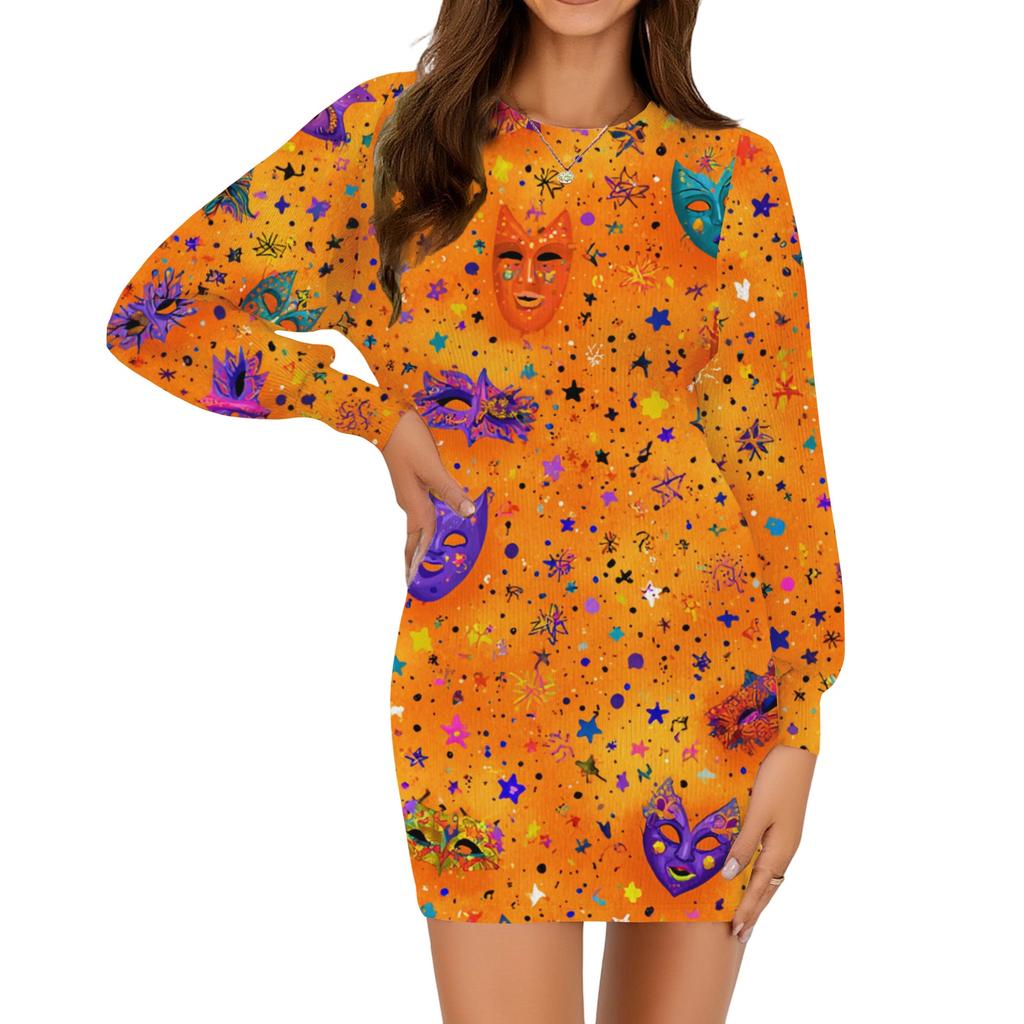 Ladies fashion casual round neck long sleeve Carnival print dress