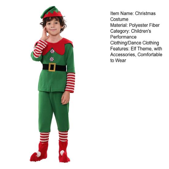 Christmas Elf Costume Set with Hat Accessories Boys Girls Elf Outfit Xmas Holiday Fancy Costume Party Cosplay Santa's Helper Suit
