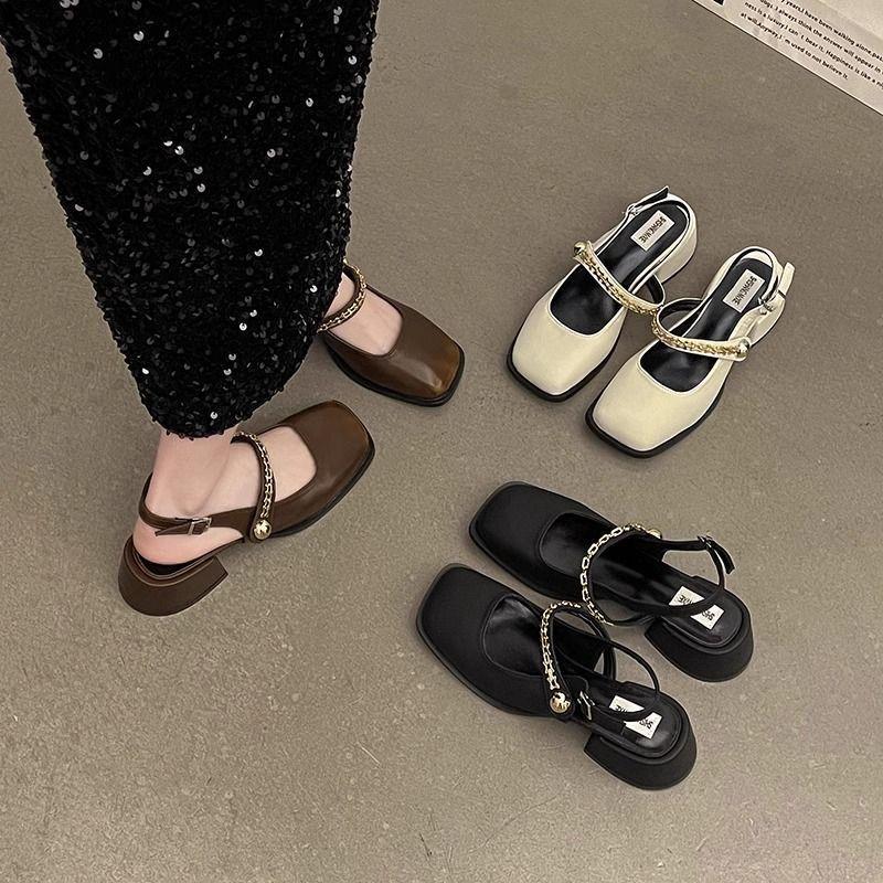 Temperament Coarse Heel Mary Jane Shoes 2024 New Summer Shallow Mouth Single Shoes Back Empty One-word Buckle Strap Square Head High Heels