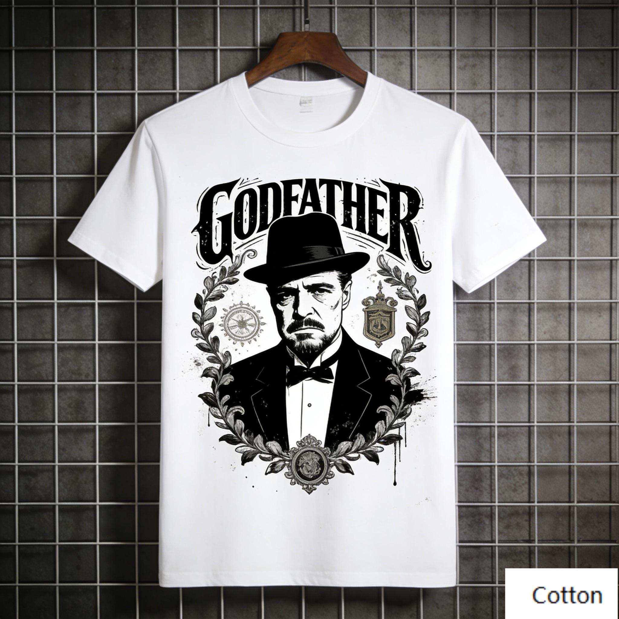 Vintage Godfather Portrait Graphic TShirt Gothic Lettering with Laurel Wreath Badge Pure Cotton Tee Classic Gangster Style S