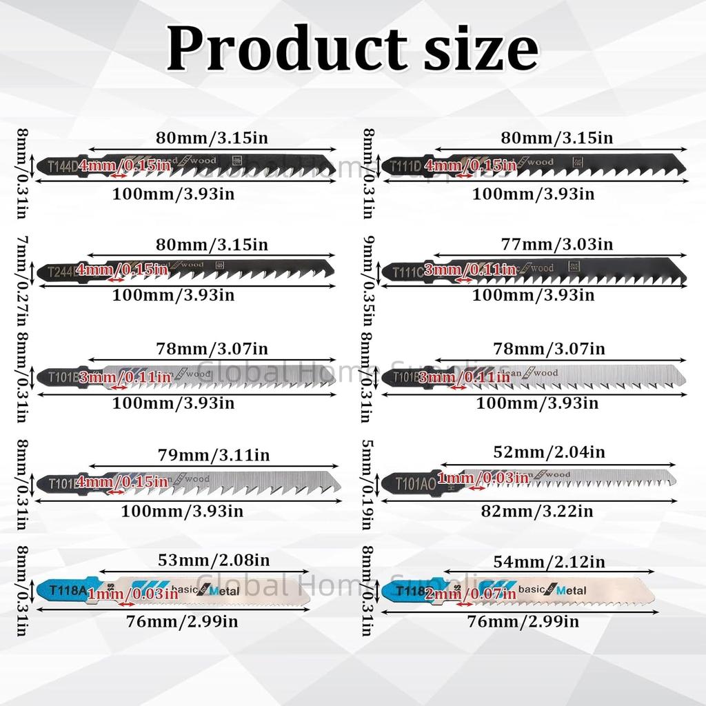 10Pcs T Shank Jigsaw Blades Wood Jig Saw Blade for Metal Plastic T111D T101AO T101BR T101D T101B T118A T118B T144D T244D T111C