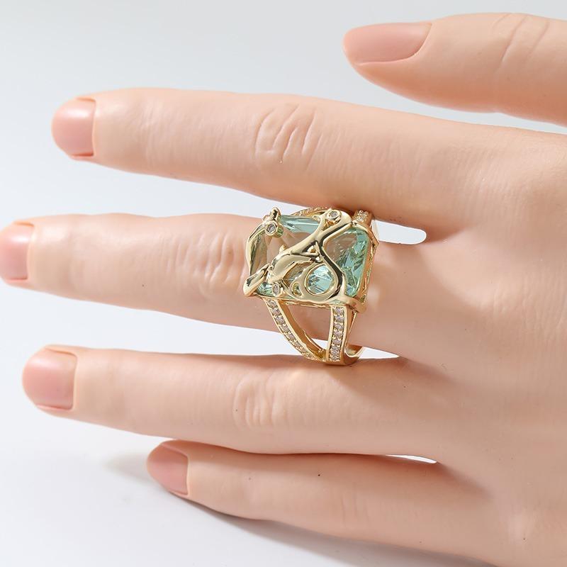 Exquisite Inlaid Sea Blue White CZ Women's Ring Trendy Gold Color Hand Carving Dolphin Daily Wear Party Jewelry Anniversary Gift