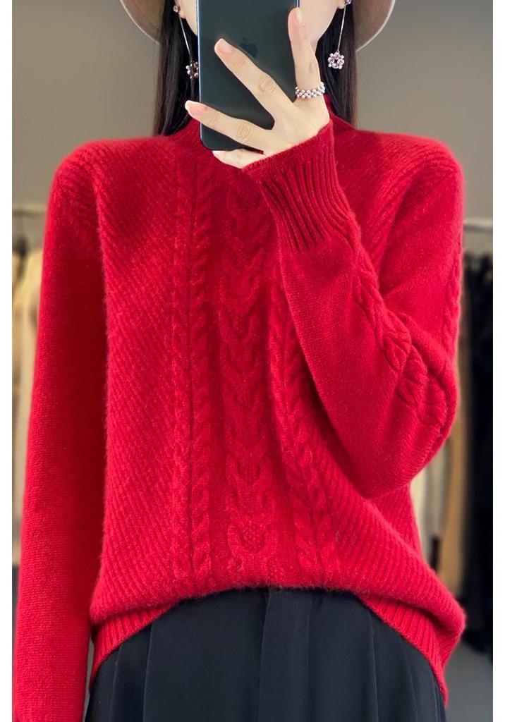 Chunky Knit Cable Wool Sweater - Half-High Neck, Textured, Elegant Autumn/Winter Outerwear