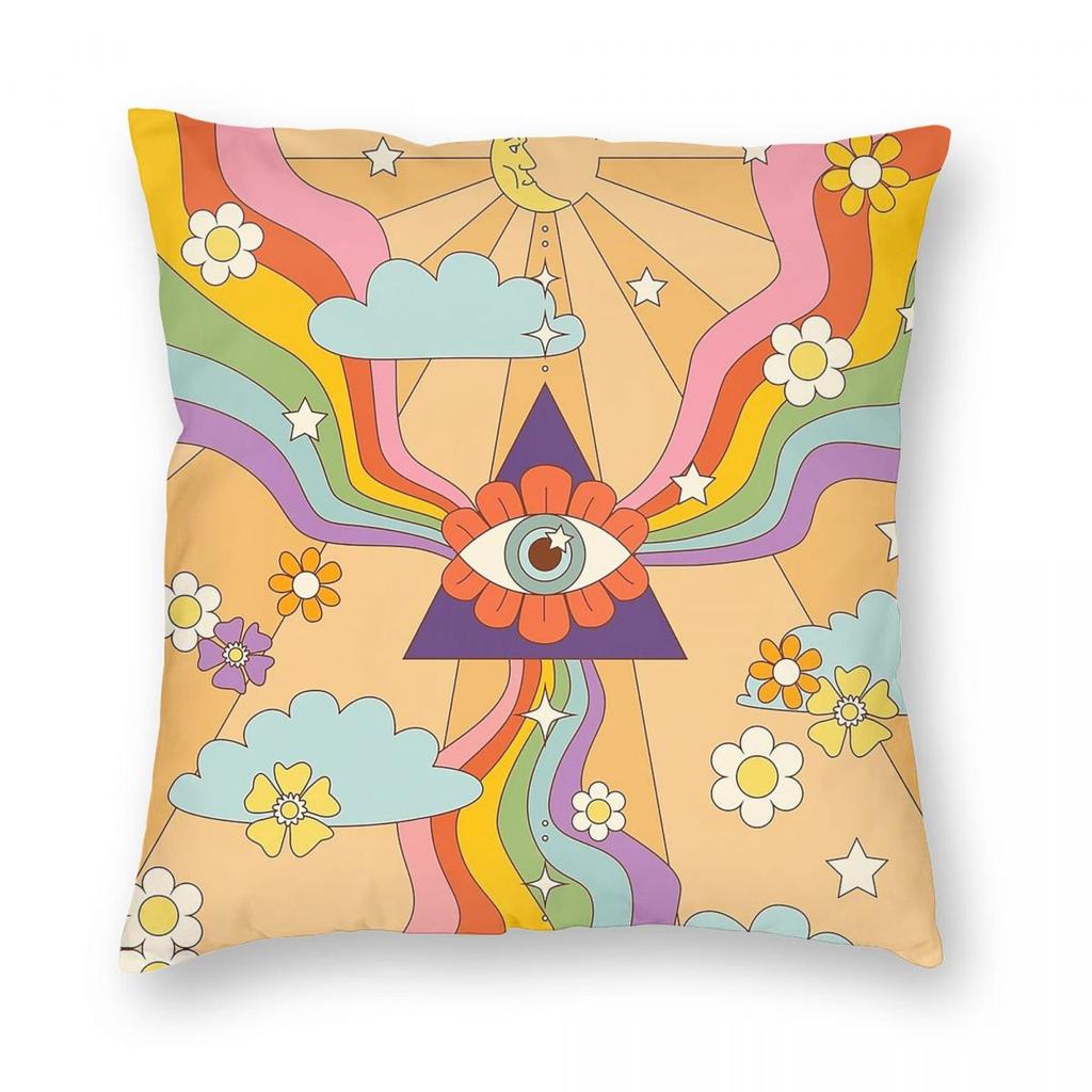Retro Hippie Boho Rainbow Square Pillowcase Polyester Linen Velvet Creative Zip Decor Throw Pillow Case Sofa Seater Cushion 18"