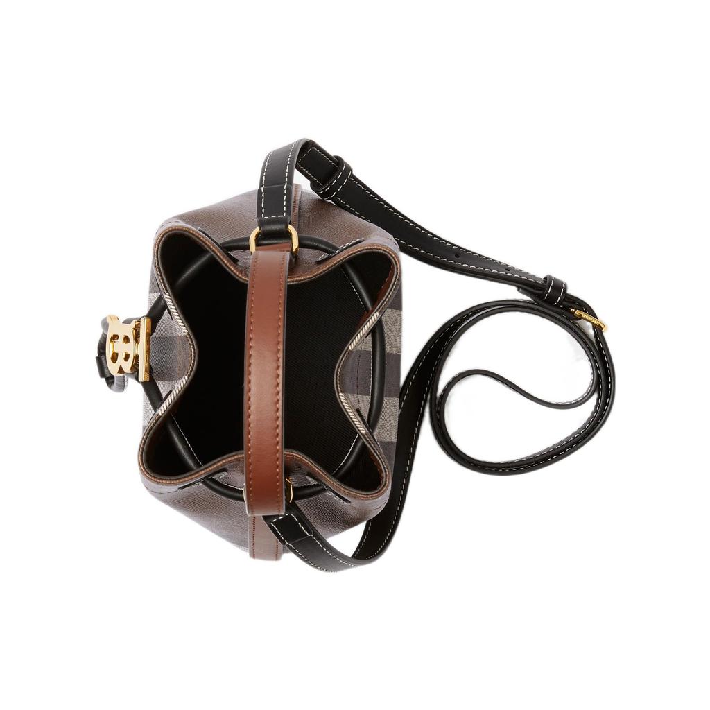 Burberry TB Exclusive Logo Lock Series Drawstring Closure Checkered Cotton And Leather Bucket Bag Mini Women bags Deep-Walnut-Brown 80662131