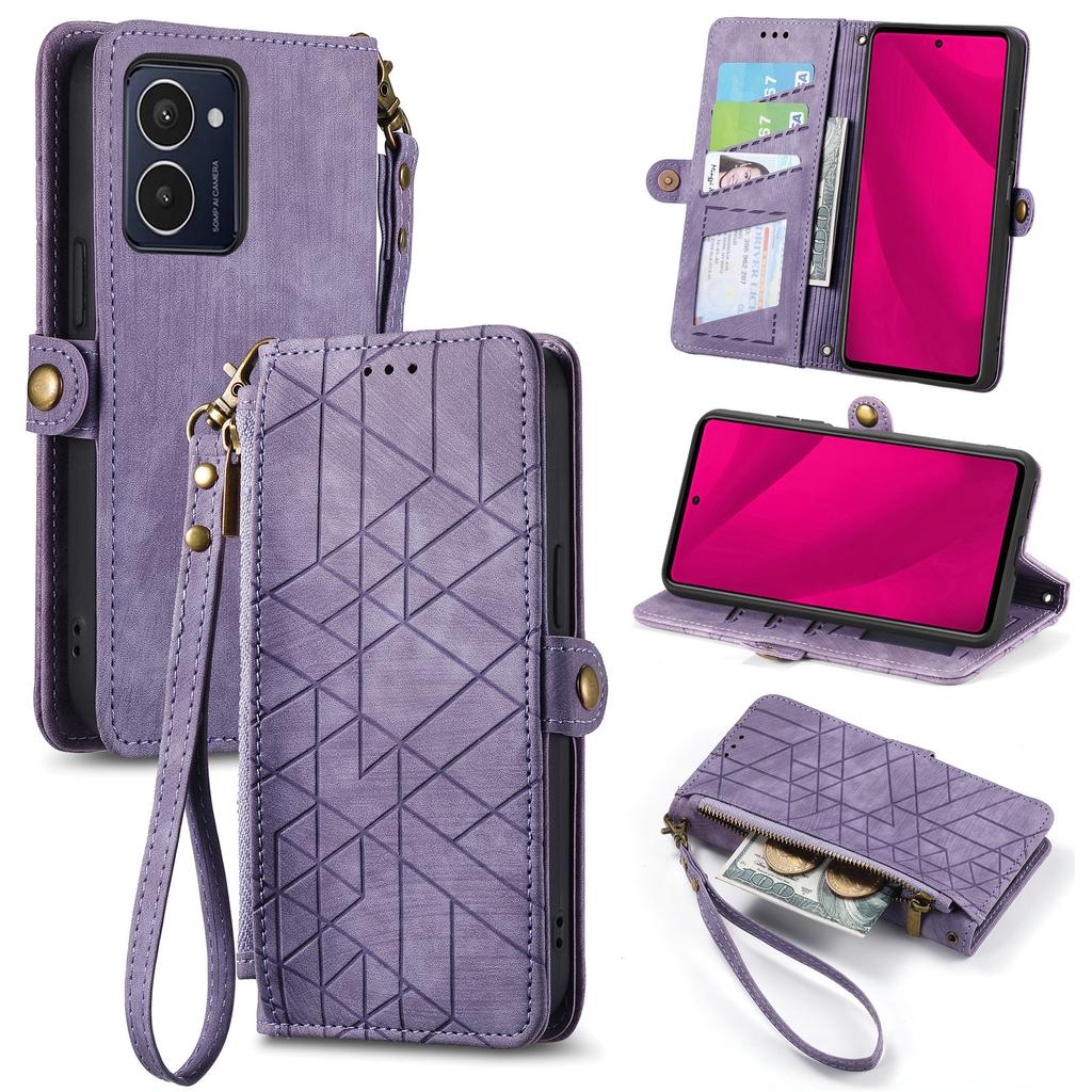 For HMD Pulse Pro Zipper Wallet Case Geometry Lines Leather Phone Cover with Strap