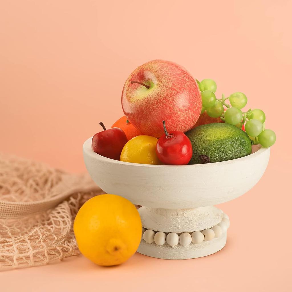 Amyhill Distressed Beaded Wood Pedestal Bowl Decorative Wooden Beaded Bowl Wood Pedestal Bowl Serving Bowl for Farmhouse Kitchen Decor(White)