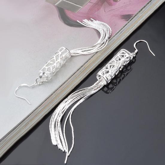 Women Fashion Silver Plated Long Chain Tassel Hook Dangle Linear Earrings Gift