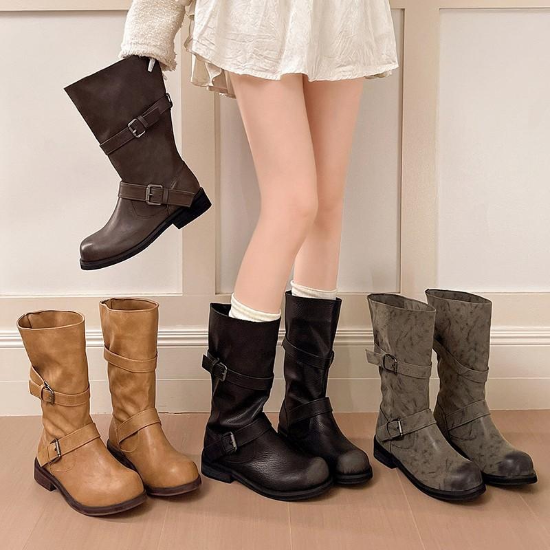 European and American retro style big tube circumference belt buckle but knee boots round head versatile pleated pile boots tall knight boots