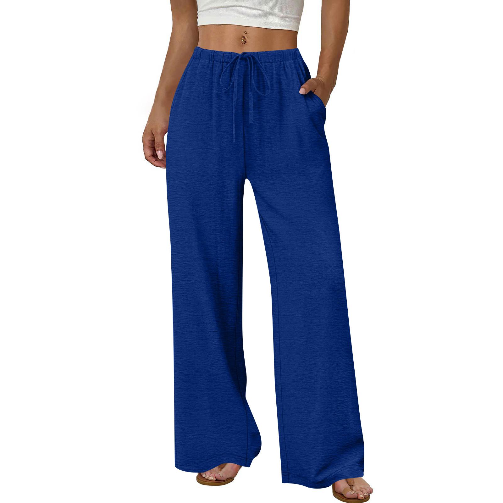 

Women’s Wide Leg Drawstring Pants with Elastic Waistband Loose Fit Lightweight Casual Trousers for Daily Wear L синий