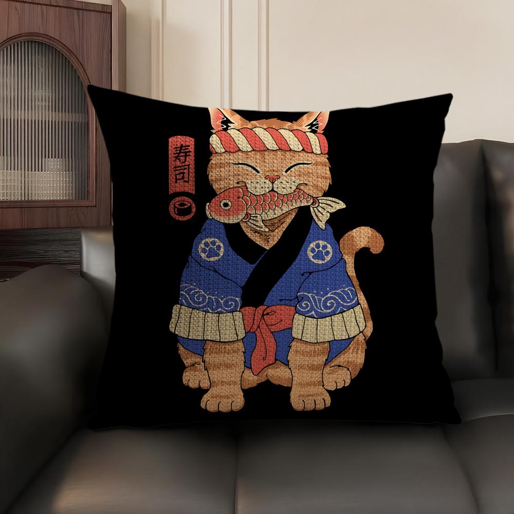 Japanese Style Samurai Cat Cushion Cover Natural Linen Organic Fabric DoubleSided Printing Sofa Home Decor Gift Pillow Case