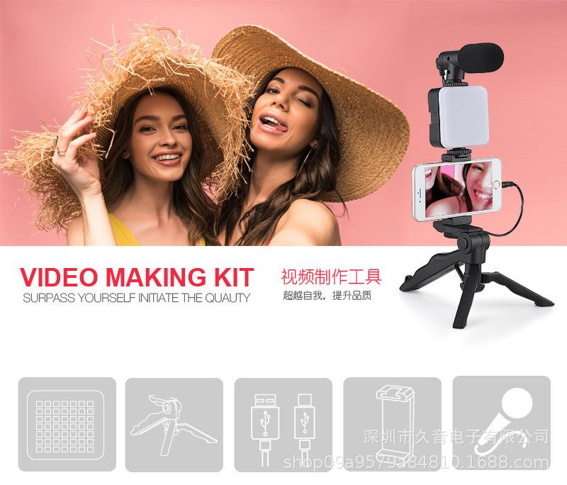 AY49 Mini Pocket Fill Light & Selfie Stand with LED Flash and Microphone Set