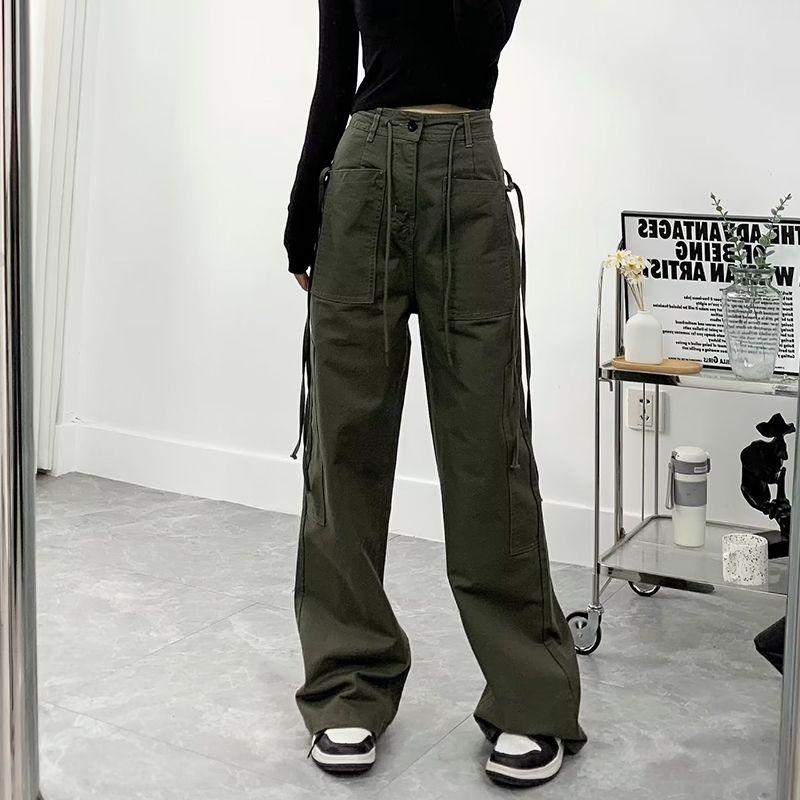 American Retro Multi-Pocket Ribbon Straight-leg Workwear Pants Women's Summer Stylish Loose High Waist Casual Pants Niche Style