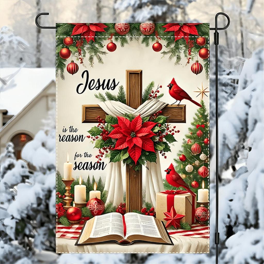 1pc 30x45cm Christmas Garden Flag Sacred Jesus Cross 3D Print New Year Christmas Yard Outside Decoration No Flag Pole 12X18 Inch