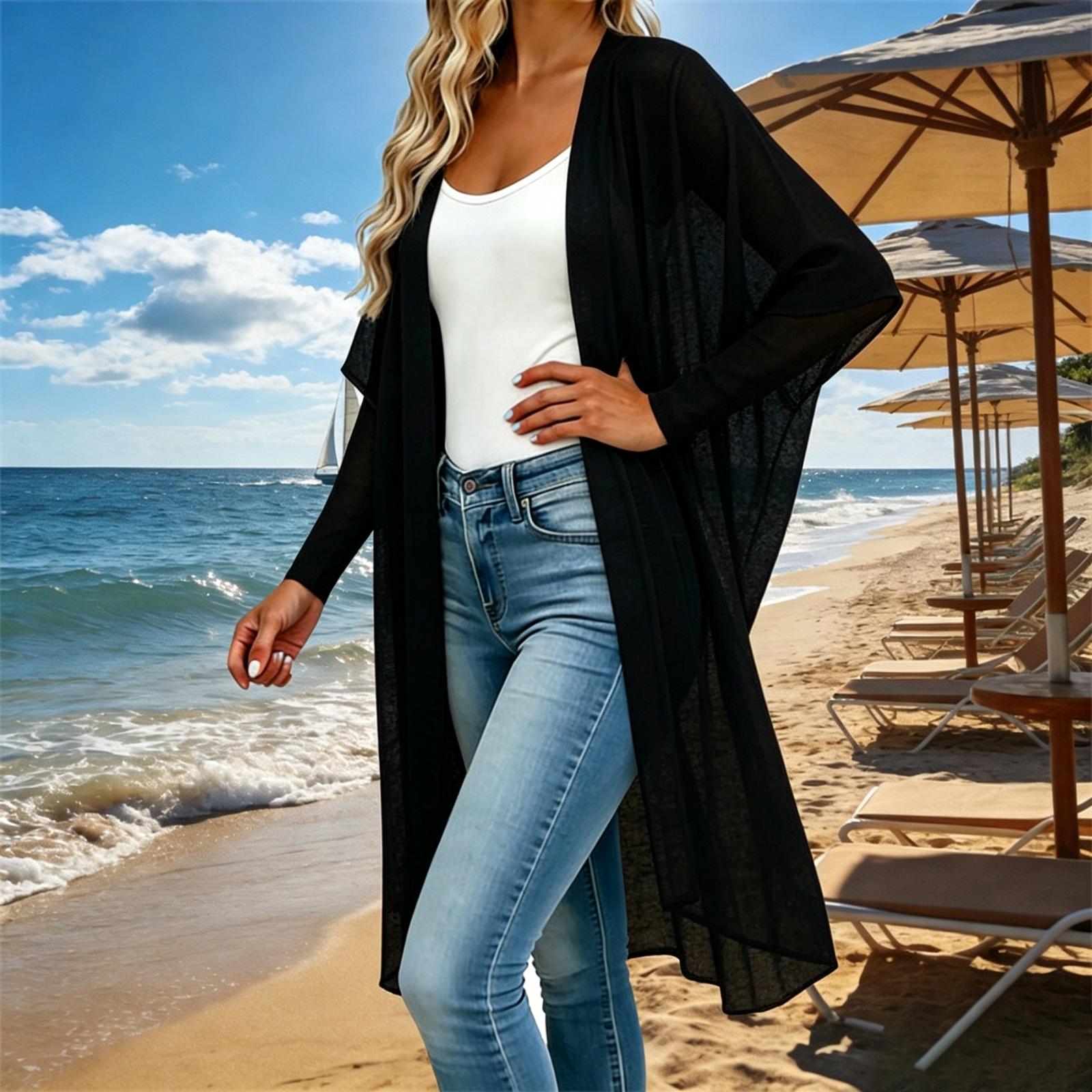 

Women s Loose Fit Open Front Short Sleeve Cardigan Lightweight Chiffon Blouse Casual Layering Top for Summer Spring L чорний