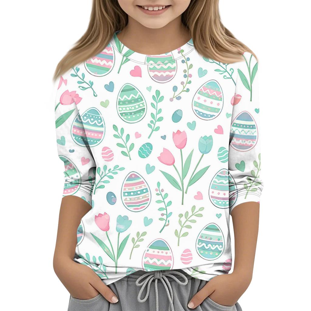 Children's Easter Printed Round Neck Seven Quarter Sleeve Casual T-shirt