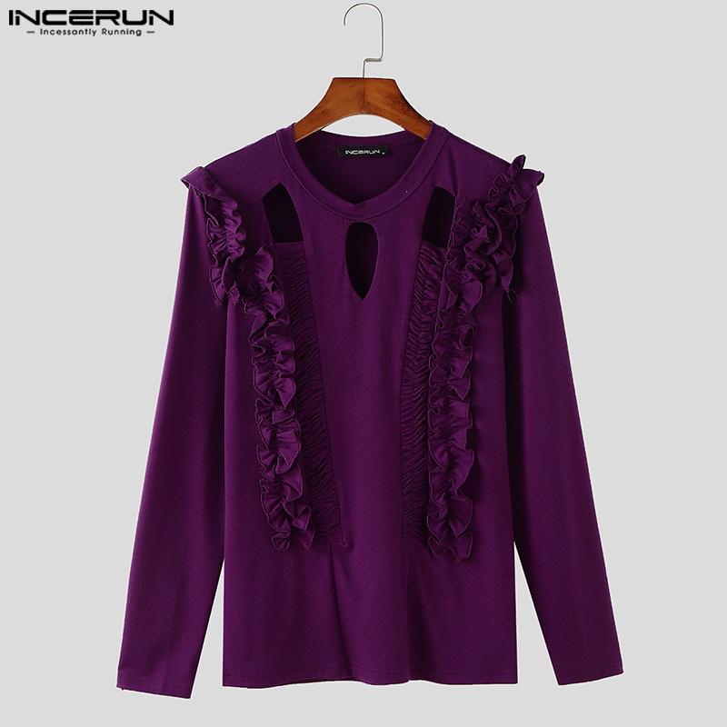 INCERUN Men Long Sleeve Ruffled Hollow Casual Tops T-shirts