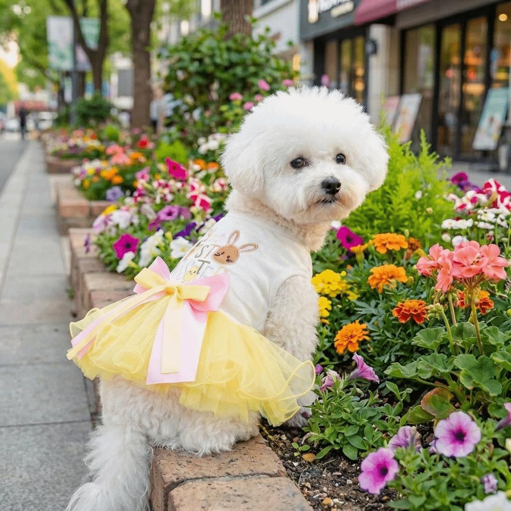 Bowknot Easter Dog Puffy Skirt Summer Rabbit Pattern Pet Princess Dress Tutu Style Breathable Dog Mesh Fluffy Skirt Photo Outfit