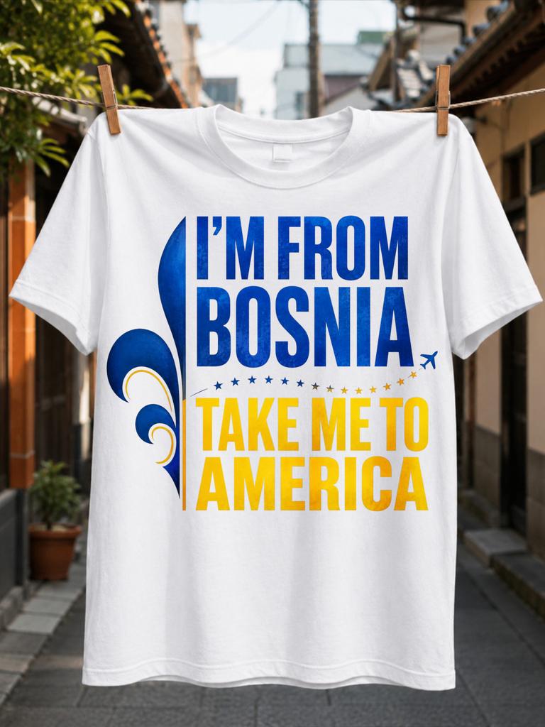 Bosnia America Bold Blue Yellow Text With Fleur De Lis Star Trail Small Plane And Travel Themed Unisex All Tshirt