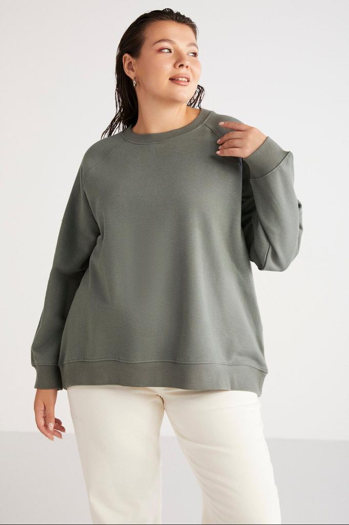 Women's Style Big Size Sweatshirt Barborabb Soft Comfort Fit Round Collar Green Plus Size Sweatshirt With Fleece Inside