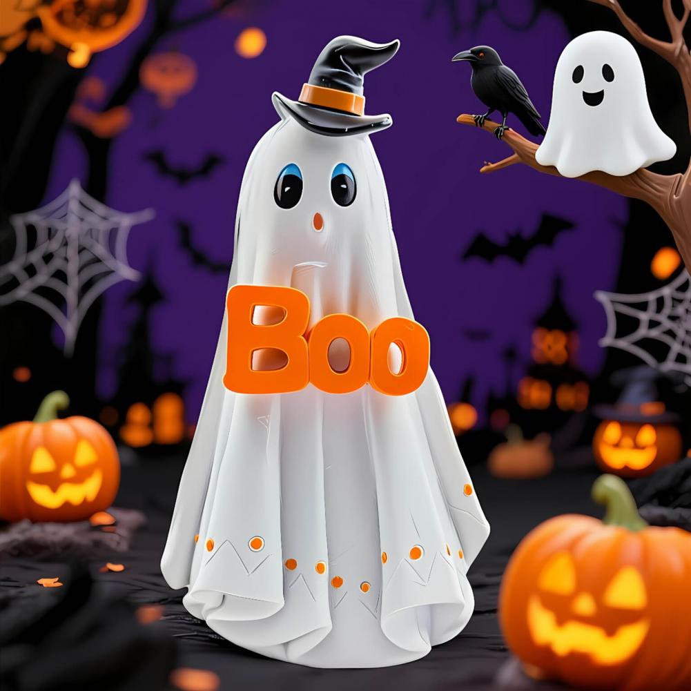 Resin Ghost Statue Spooky Halloween Ghost Figurines with Pumpkin Bucket Welcome Sign for Indoor Outdoor Decor for Yard Home