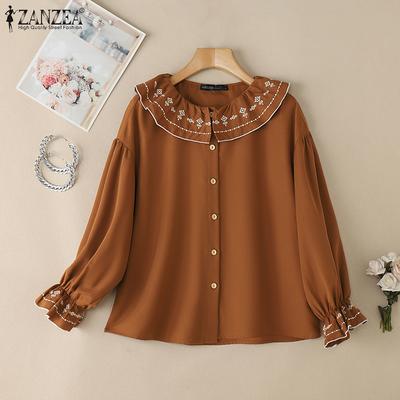 Women Casual Embroidery Doll Collar Loose Long Sleeve Blouse