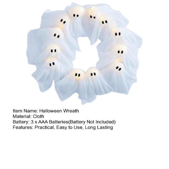 Lit Ghosts Wreath Halloween Ghost Garland with Lights Battery-Powered LED Light-Up White Spooky Garland Decoration