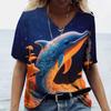 Women's T-Shirts Dolphin Print Tops V-Neck Fashion Female Vintage Aesthetics Tees Loose Oversized Funny Clothing