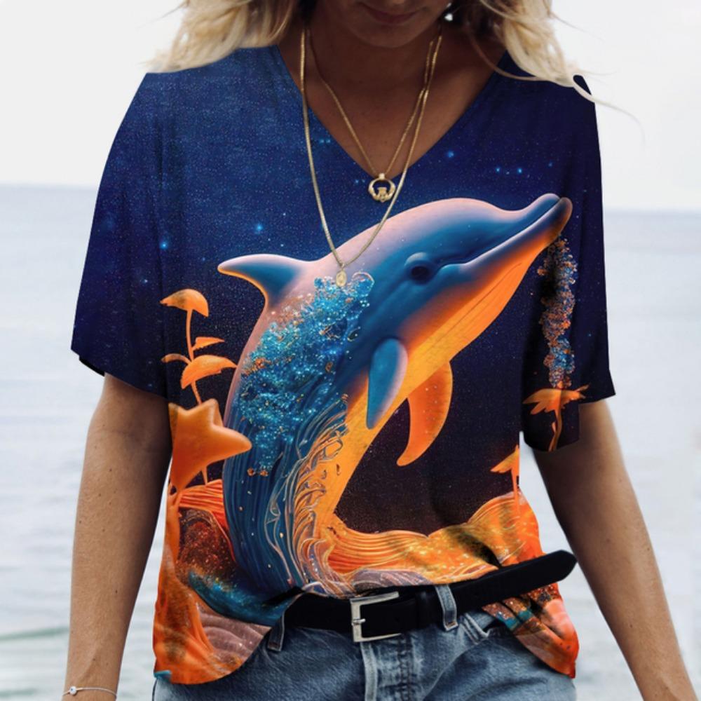 Women's T-Shirts Dolphin Print Tops V-Neck Fashion Female Vintage Aesthetics Tees Loose Oversized Funny Clothing