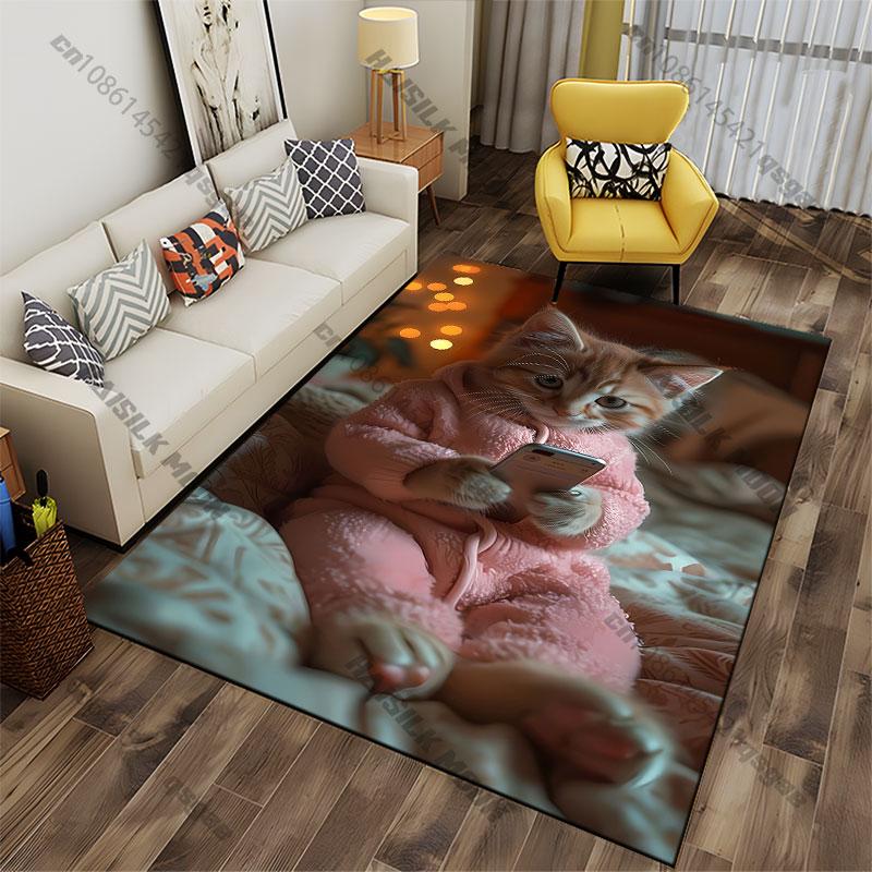 Cozy kitten using smartphone carpet Yoga living room room decor children's crawling mat doormat area rug games mat