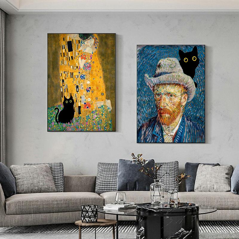 Van Gogh Black Cat Sunflowers Funny Art Matisse Monet Canvas Painting Posters And Prints Wall Pictures For Living Room Decor