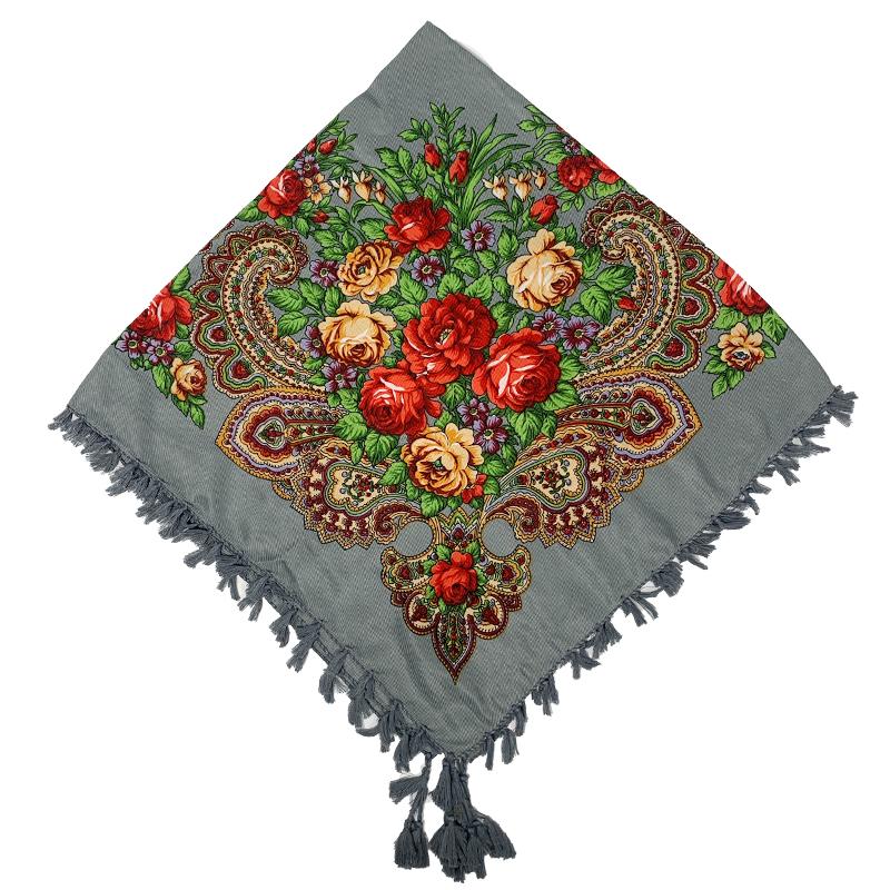 90*90cm Short Tassel Floral Print Russian Square Scarf Women Luxury Flower Printed Bandana Shawl Ukrainian Babushka Head Wraps