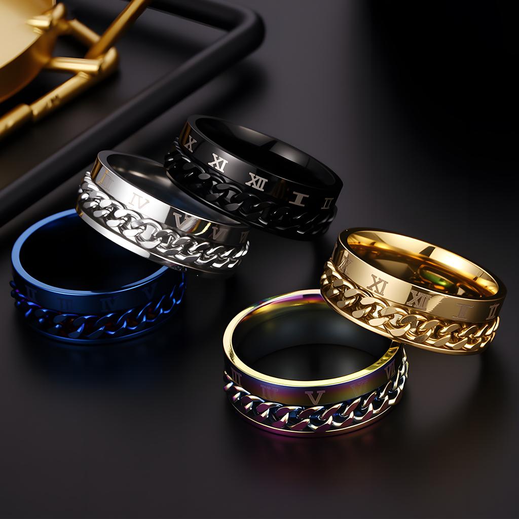 European and American Roman Numeral Ring, Rotatable Chain Ring, Stress-reducing Men's Hand Jewelry