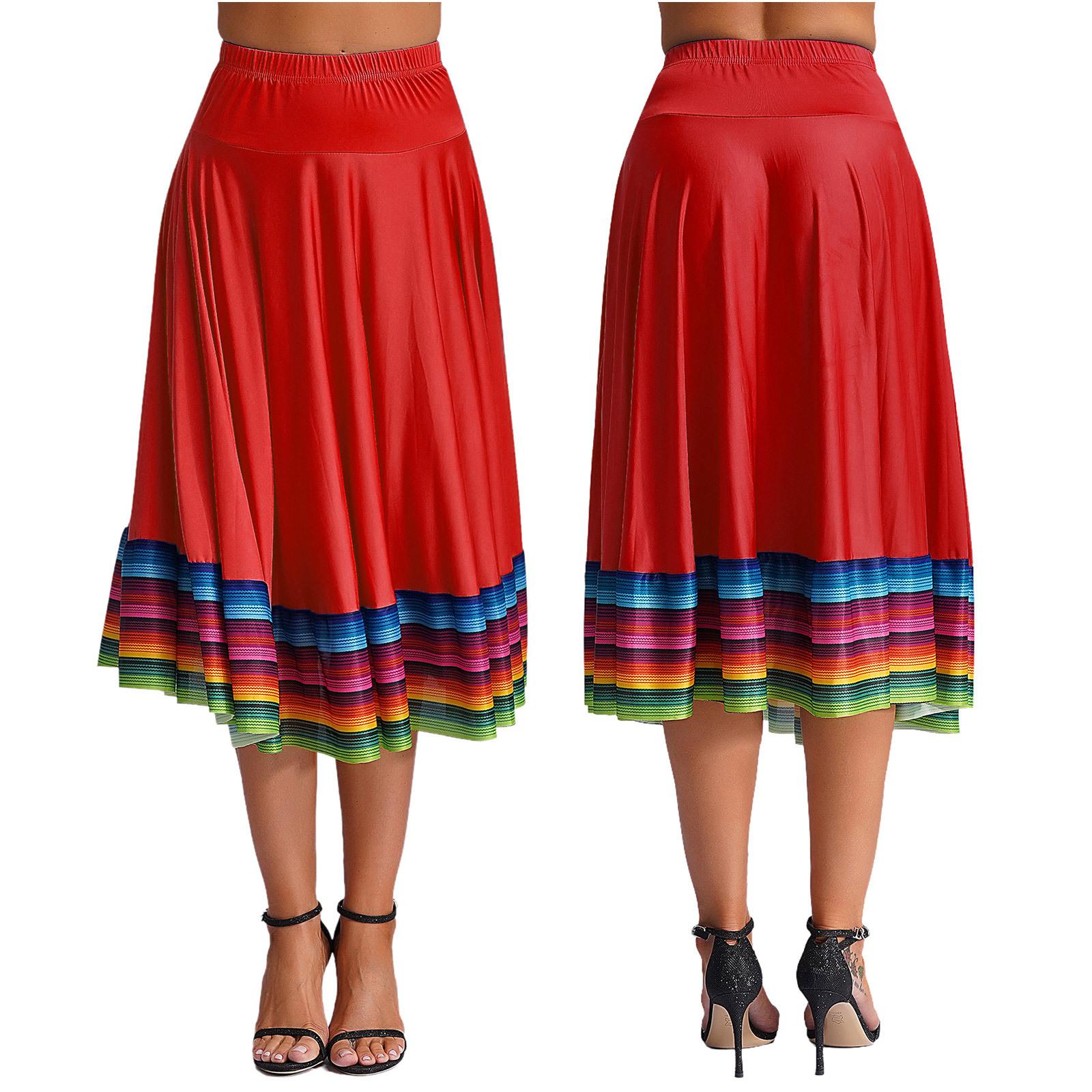 

Womens Colorful Stripe Hem Skirt Elastic Waistband Flamenco Ballroom Dance Folk Dancing Stage Performance Skirt XL