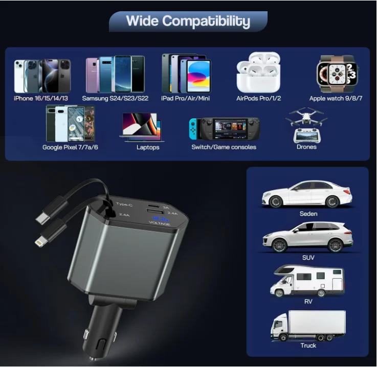 Car Charger Car Super Fast Charge Flash Charging, Telescopic Cable 4 In 1 Retractable Car Charging Cigarette Lighter Adapter