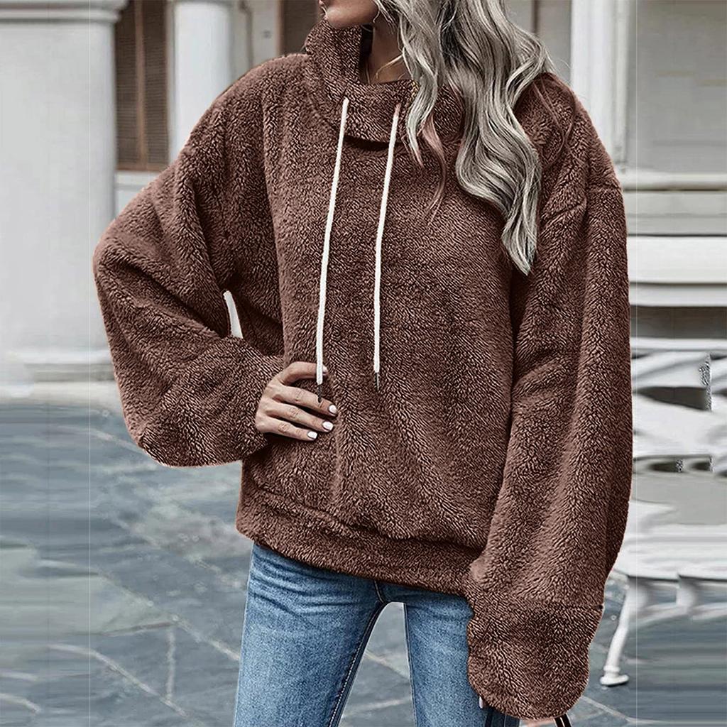 Women's Fashion Leisure Solid Color Long Sleeve Pullover With Drawstring Plush Coat Top