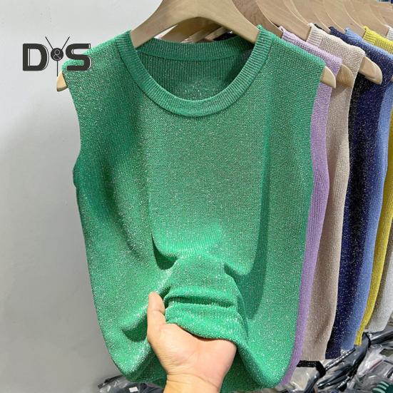 Women Vest Tops Round Neck Sleeveless Solid Color Loose Fit Ice Silk Tank Tops Breathable Versatile Vest