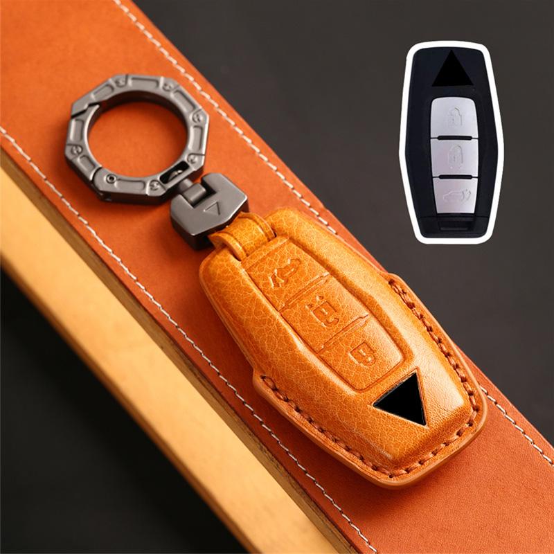 Leather Car Key Case Fob Cover Shell Keychain for Mitsubishi Outlander 2023 2/3 Bottons Car Smart Remote Key Holder Accessories