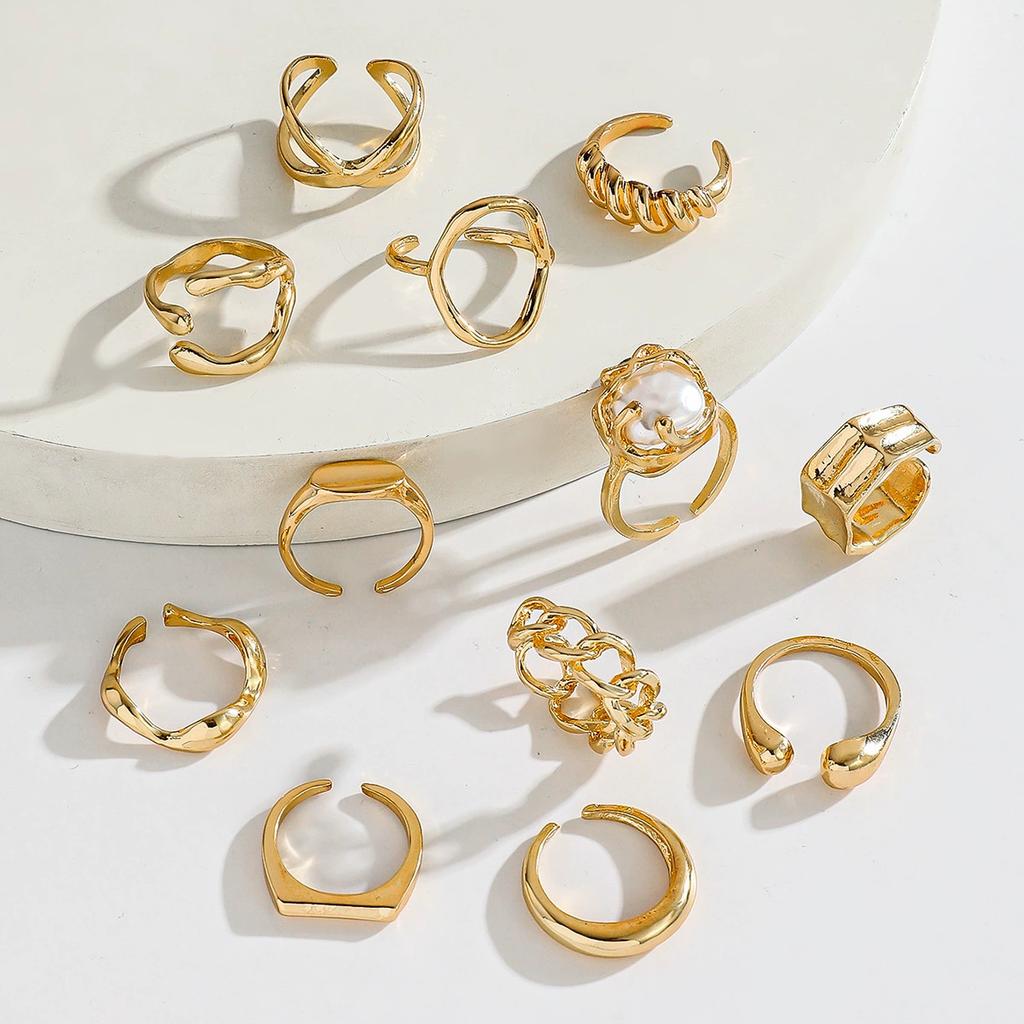 12pcs/set Vintage Gold Color Irregular Geometric Open Rings For Women Exaggerated Metal Thick Chunky Finger Ring Party Jewelry